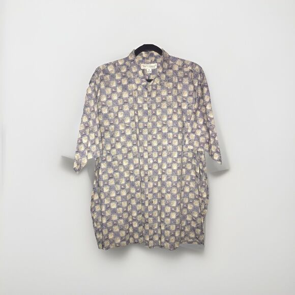 Tori Richards XL Shirt Hawaiian Button Up Short Sleeve Tan‎ Grey Black Square - Picture 1 of 9